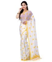 Women`s Traditional Hand Woven Malmal Bengal Handloom Pure Cotton Saree Without Blouse Piece (Yellow White)