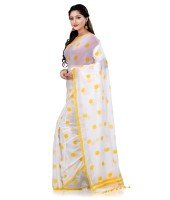 Women`s Traditional Hand Woven Malmal Bengal Handloom Pure Cotton Saree Without Blouse Piece (Yellow White)