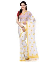 Women`s Traditional Hand Woven Malmal Bengal Handloom Pure Cotton Saree Without Blouse Piece (Yellow White)