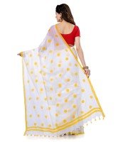 Women`s Traditional Hand Woven Malmal Bengal Handloom Pure Cotton Saree Without Blouse Piece (Yellow White)