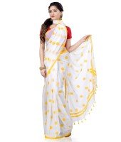 Women`s Traditional Hand Woven Malmal Bengal Handloom Pure Cotton Saree Without Blouse Piece (Yellow White)