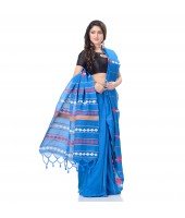 DESH BIDESH Women`s Bengali Khesh Pure Cotton Handloom Saree Diamond Designed With Blouse Piece(Sky Blue)