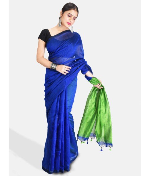 DESH BIDESH Women`s Cotton Silk and Bengal Soft Khadi Cotton Mix Ghicha Handloom Saree With Blouse Piece (Blue Green)