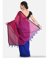 DESH BIDESH Women`s Cotton Silk and Bengal Soft Khadi Cotton Mix Ghicha Handloom Saree With Blouse Piece (Blue Deep Pink)