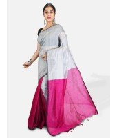 Women`s Cotton Silk and Bengal Soft Khadi Cotton Mix Ghicha Handloom Saree With Blouse Piece (Grey Deep Pink)