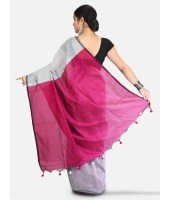 Women`s Cotton Silk and Bengal Soft Khadi Cotton Mix Ghicha Handloom Saree With Blouse Piece (Grey Deep Pink)