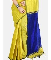 DESH BIDESH Women`s Cotton Silk and Bengal Soft Khadi Cotton Mix Ghicha Handloom Saree With Blouse Piece (GreenYellow Light Blue)