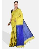 DESH BIDESH Women`s Cotton Silk and Bengal Soft Khadi Cotton Mix Ghicha Handloom Saree With Blouse Piece (GreenYellow Light Blue)