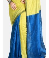 Women`s Cotton Silk and Bengal Soft Khadi Cotton Mix Ghicha Handloom Saree With Blouse Piece (Light Green Blue)