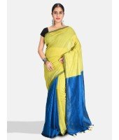 Women`s Cotton Silk and Bengal Soft Khadi Cotton Mix Ghicha Handloom Saree With Blouse Piece (Light Green Blue)