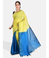 Women`s Cotton Silk and Bengal Soft Khadi Cotton Mix Ghicha Handloom Saree With Blouse Piece (Light Green Blue)