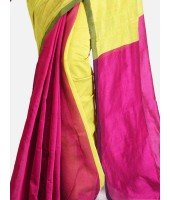 DESH BIDESH Women`s Cotton Silk and Bengal Soft Khadi Cotton Mix Ghicha Handloom Saree With Blouse Piece (Light Yellow Green Pink)