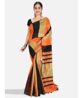 Women`s Cotton Silk and Bengal Soft Khadi Cotton Mix Ghicha Handloom Saree With Blouse Piece (Orange Black)