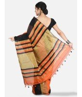 Women`s Cotton Silk and Bengal Soft Khadi Cotton Mix Ghicha Handloom Saree With Blouse Piece (Orange Black)