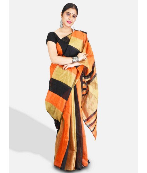 Women`s Cotton Silk and Bengal Soft Khadi Cotton Mix Ghicha Handloom Saree With Blouse Piece (Orange Black)