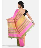 Women`s Cotton Silk and Bengal Soft Khadi Cotton Mix Ghicha Handloom Saree With Blouse Piece (Pink Green Yellow)