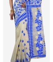 Soft Resham Dhakai jamdani Bengal Cotton Saree Whole Body Design with Blouse Pcs (Blue White)