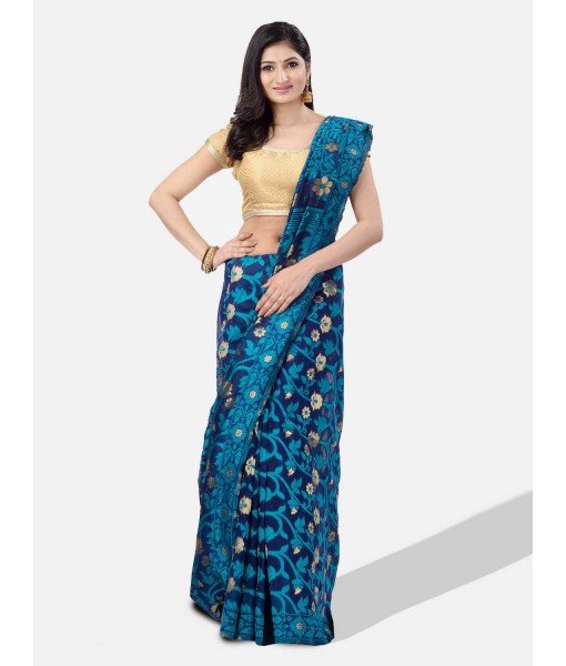 Women`s Handloom Soft Resham Dhakai jamdani Bengal Cotton Silk Tant Saree Whole Body Design with Blouse Pcs (Deep Sky Blue Dark Blue)