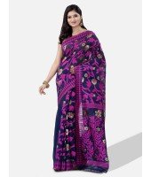 Women`s Handloom Soft Resham Dhakai jamdani Bengal Cotton Silk Tant Saree Whole Body Design with Blouse Pcs (Deep Purple Dark Blue)