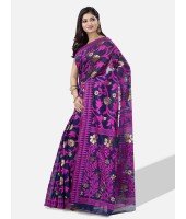 Women`s Handloom Soft Resham Dhakai jamdani Bengal Cotton Silk Tant Saree Whole Body Design with Blouse Pcs (Deep Purple Dark Blue)