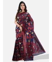 Women`s Handloom Soft Resham Dhakai jamdani Bengal Cotton Silk Tant Saree Whole Body Design with Blouse Pcs (Dark Blue Red)