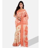 Online Handloom Soft Resham Dhakai jamdani Bengal Cotton Silk Tant Saree Whole Body Design with Blouse Pcs (Orange White)