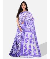 Women`s Handloom Soft Resham Dhakai jamdani Bengal Cotton Silk Tant Saree Whole Body Design with Blouse Pcs (Purple Blue White)