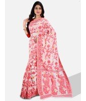 Women`s Handloom Soft Resham Dhakai jamdani Bengal Cotton Silk Tant Saree Whole Body Design with Blouse Pcs (Red White)