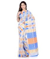 Women`s Handloom Soft Resham Dhakai jamdani Bengal Cotton Silk Tant Saree Whole Body Kolka Design with Blouse Pcs (Blue Orange)