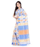 Women`s Handloom Soft Resham Dhakai jamdani Bengal Cotton Silk Tant Saree Whole Body Kolka Design with Blouse Pcs (Blue Orange)