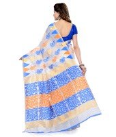 Women`s Handloom Soft Resham Dhakai jamdani Bengal Cotton Silk Tant Saree Whole Body Kolka Design with Blouse Pcs (Blue Orange)