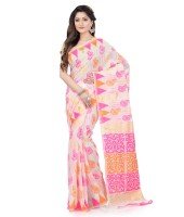 Women`s Handloom Soft Resham Dhakai jamdani Bengal Cotton Silk Tant Saree Whole Body Kolka Design with Blouse Pcs (Pink Orange)