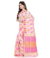 Women`s Handloom Soft Resham Dhakai jamdani Bengal Cotton Silk Tant Saree Whole Body Kolka Design with Blouse Pcs (Pink Orange)