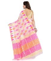 Women`s Handloom Soft Resham Dhakai jamdani Bengal Cotton Silk Tant Saree Whole Body Kolka Design with Blouse Pcs (Pink Orange)