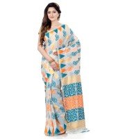 Women`s Handloom Soft Resham Dhakai jamdani Bengal Cotton Silk Tant Saree Whole Body Kolka Design with Blouse Pcs (Deep Blue Orange)