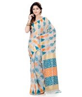 Women`s Handloom Soft Resham Dhakai jamdani Bengal Cotton Silk Tant Saree Whole Body Kolka Design with Blouse Pcs (Deep Blue Orange)