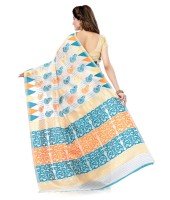 Women`s Handloom Soft Resham Dhakai jamdani Bengal Cotton Silk Tant Saree Whole Body Kolka Design with Blouse Pcs (Deep Blue Orange)