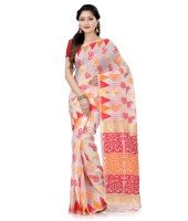 Women`s Handloom Soft Resham Dhakai jamdani Bengal Cotton Silk Tant Saree Whole Body Kolka Design with Blouse Pcs (Red Orange)