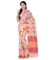 Women`s Handloom Soft Resham Dhakai jamdani Bengal Cotton Silk Tant Saree Whole Body Kolka Design with Blouse Pcs (Red Orange)