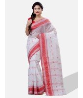 Red and White Pure Handloom Cotton Traditional Bengal Tant Saree with Handmade Whole Body Kalkatara Design Without Blouse Piece