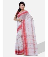 Red and White Pure Handloom Cotton Traditional Bengal Tant Saree with Handmade Whole Body Kalkatara Design Without Blouse Piece