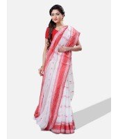 Red and White Pure Handloom Cotton Traditional Bengal Tant Saree with Handmade Whole Body Kalkatara Design Without Blouse Piece