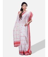 Red and White Pure Handloom Cotton Traditional Bengal Tant Saree with Handmade Whole Body Kalkatara Design Without Blouse Piece