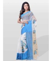 Women's Traditional Bengali Khadi Cotton Handloom Sakuntala Tant Saree of Bengal with Blouse Piece (Blue White)