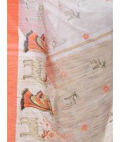 Women's Traditional Bengali Cotton Handloom Sakuntala Tant Saree of Bengal with Blouse Piece (Orange White)