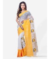 Women's Traditional Bengali Cotton Handloom Sakuntala Tant Saree of Bengal with Blouse Piece (Yellow White)