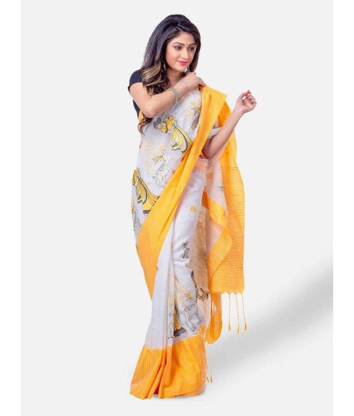 Women's Traditional Bengali Cotton Handloom Sakuntala Tant Saree of Bengal with Blouse Piece (Yellow White)