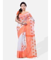 Pure Cotton Handloom Traditional Khadi Bengali Tant Saree Very Soft Cotton Materials Star Design With Blouse Piece (Orange White)