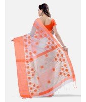 Pure Cotton Handloom Traditional Khadi Bengali Tant Saree Very Soft Cotton Materials Star Design With Blouse Piece (Orange White)