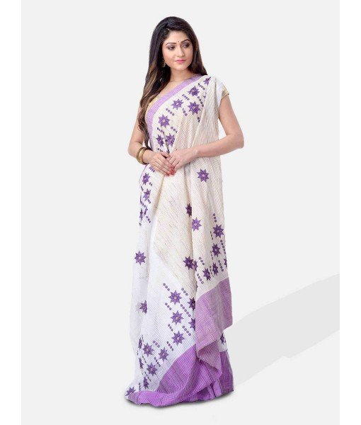  Pure Cotton Handloom Traditional Khadi Bengali Tant Saree Very Soft Cotton Materials Star Design With Blouse Piece (Purple White)